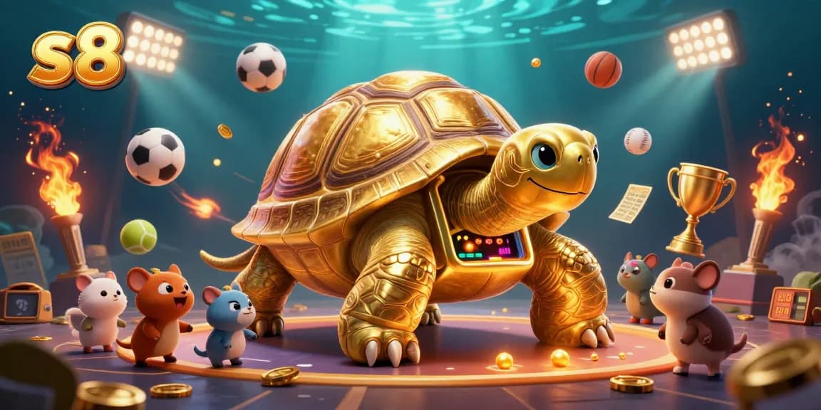 Experience the s8 gaming journey with a vibrant illustration of animated tortoise pinball action amidst dynamic sports elements.