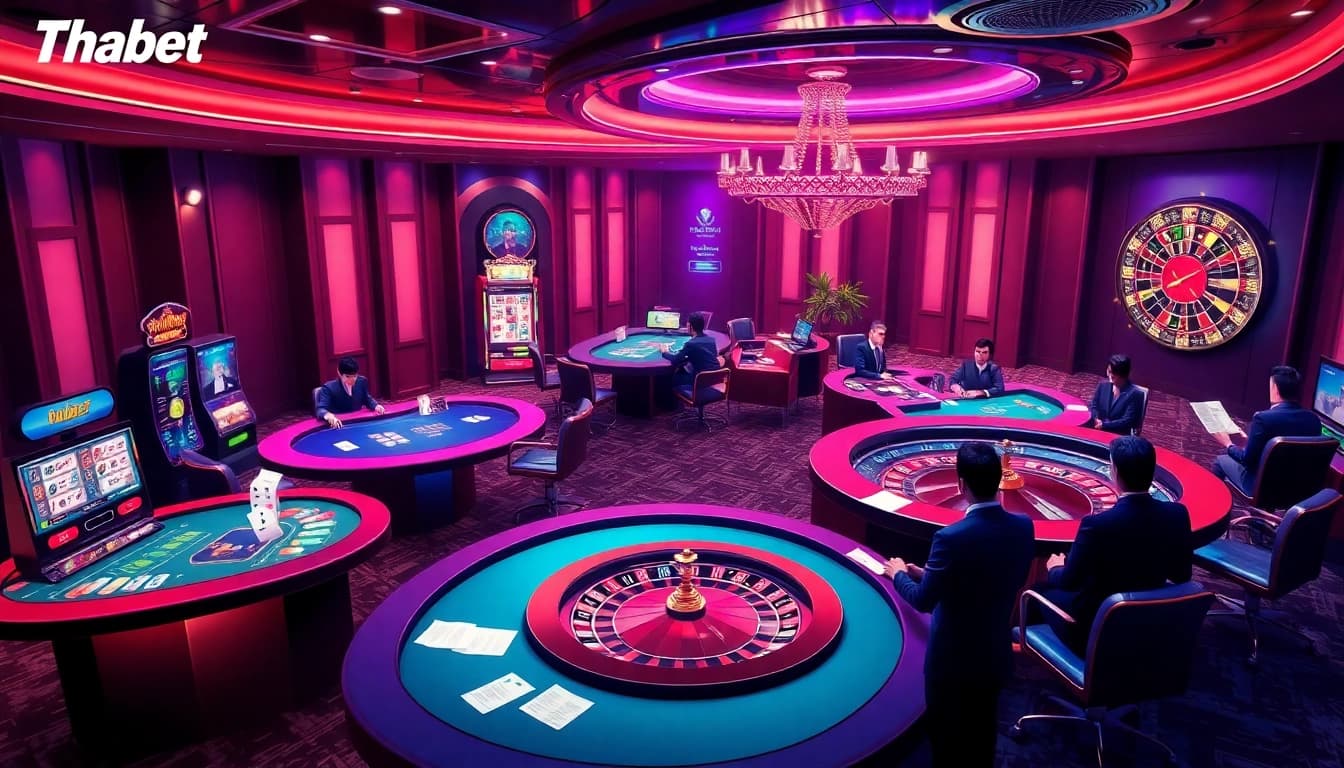 Experience thrilling gameplay at Thabet's casino with vibrant slot machines and dynamic tables.