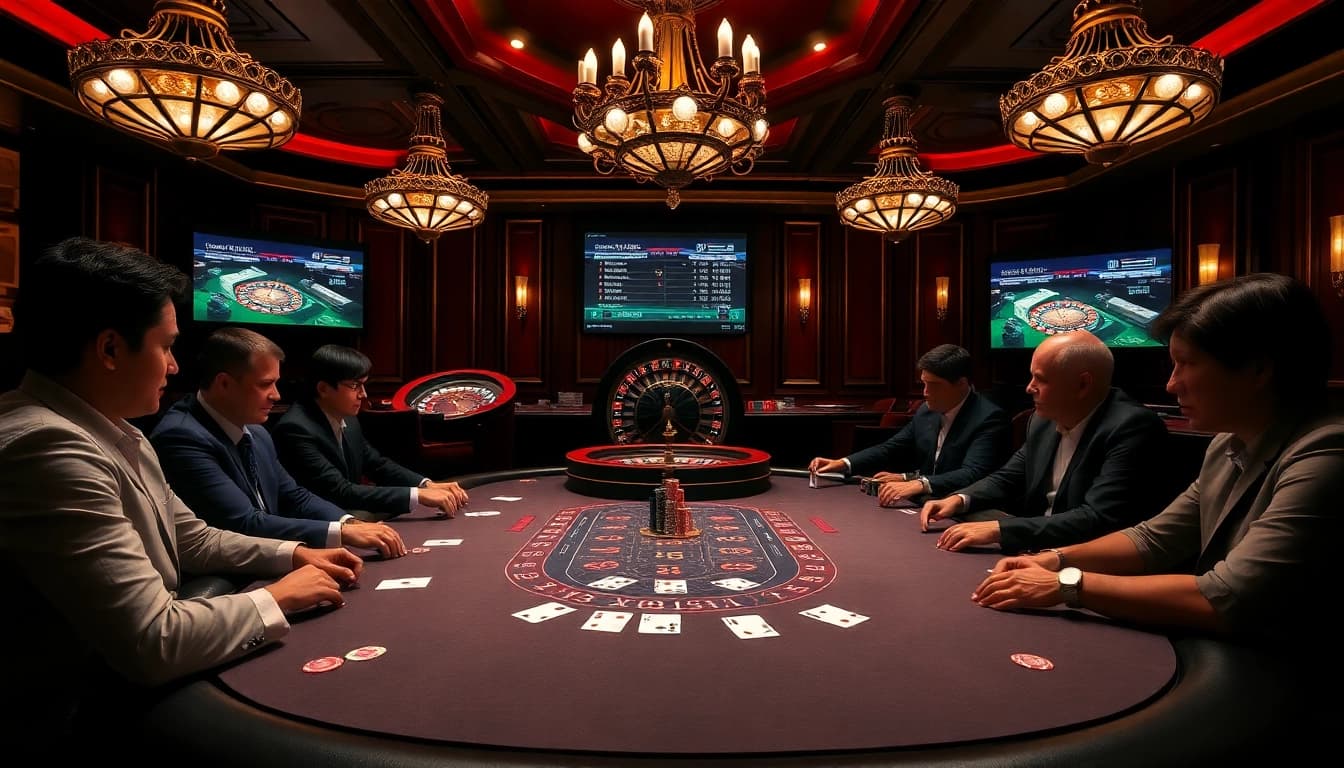 Gamblers strategizing at a poker table while referencing soi cầu xsmb analytics.