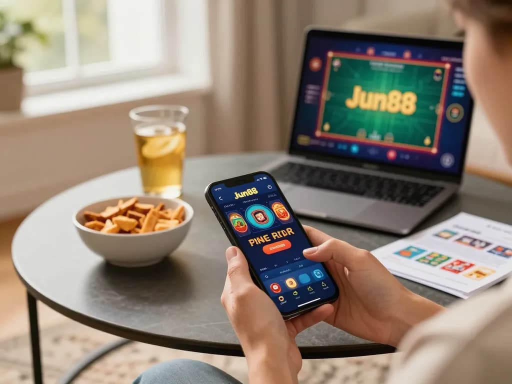 Player enjoying JUN88 app gameplay on smartphone, showcasing mobile casino excitement and lifestyle.
