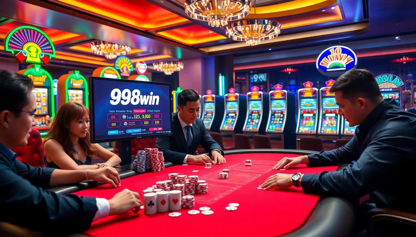 Excited players engaging in the 98win game at a modern casino table with poker chips and vibrant slot machines.
