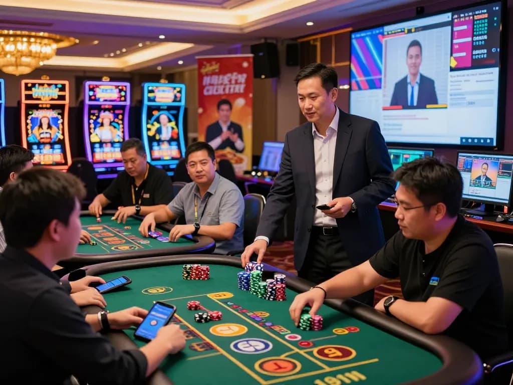 8KBET online gambling atmosphere with players enjoying games and support from CEO Ngoc Long, vibrant and engaging experience.