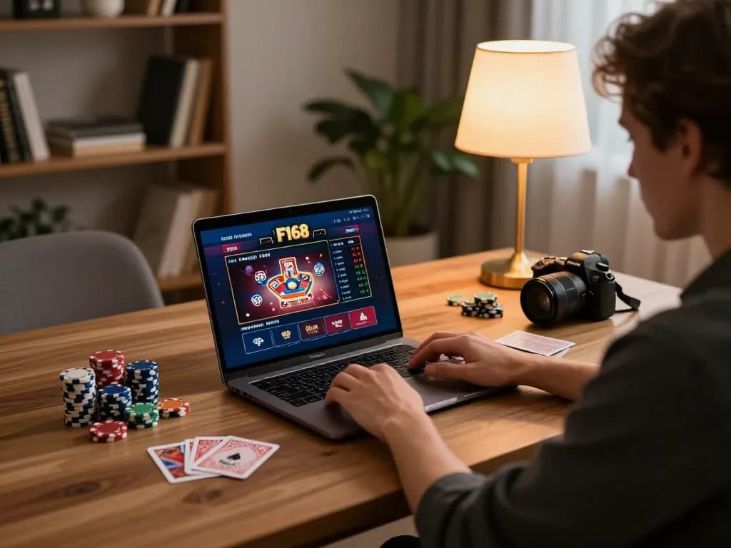 Player enjoying F168 online casino game at stylish home setup with laptop, poker chips, and cards.