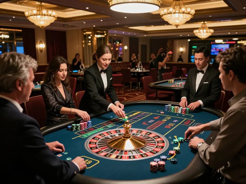 Players engaging in high-stakes roulette action at a sophisticated casino showcasing five88 excitement.