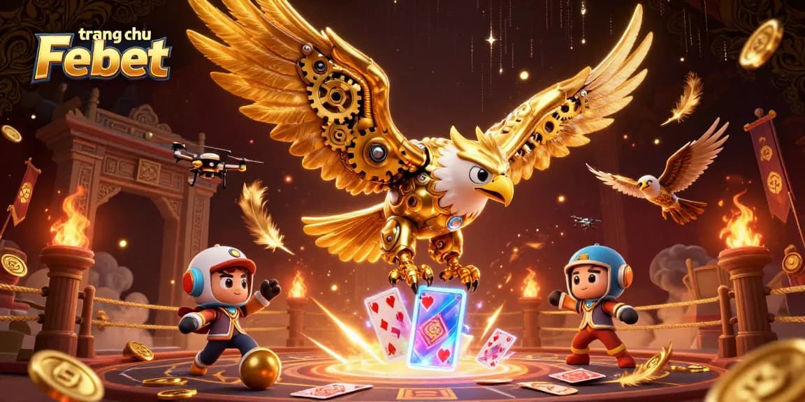 Experience dynamic betting action on trang chủ Febet with holographic cards and vibrant golden elements.