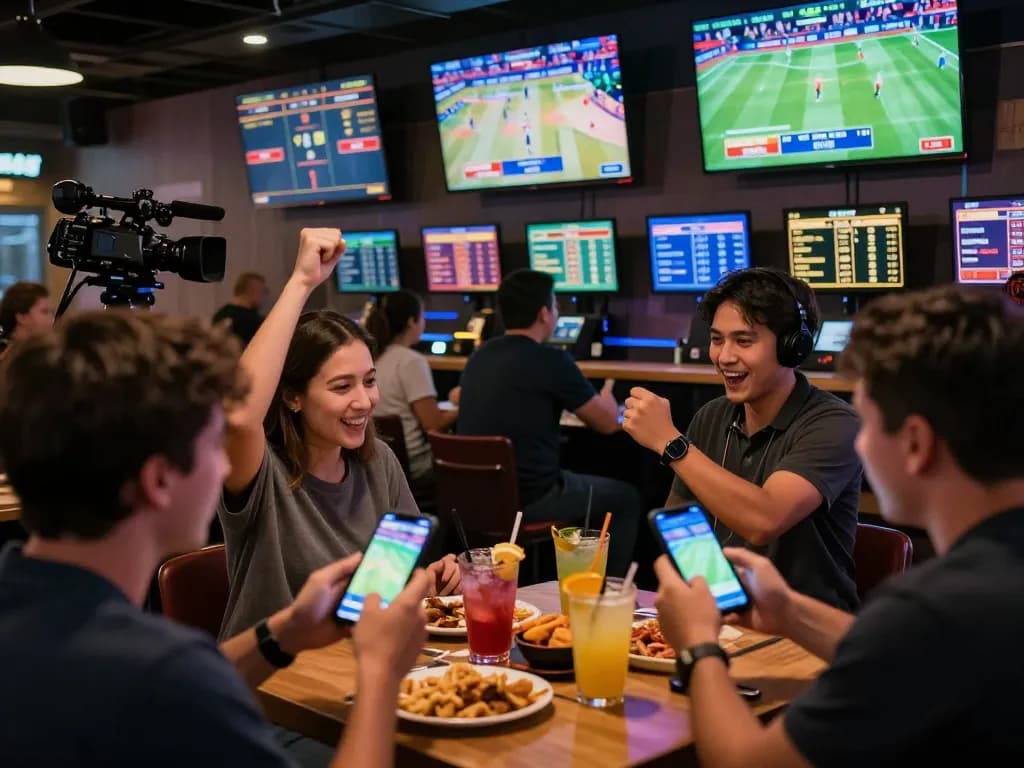CM88 patrons enthusiastically placing bets in a lively sports bar filled with multiple screens and fun atmosphere.