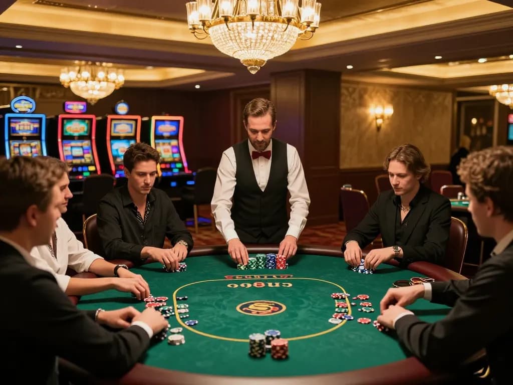 Players enjoying an intense poker game at SC88 Com, showcasing chips and cards in a luxury casino.