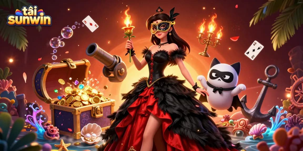 Engage in gameplay with tải sunwin, featuring a dramatic scene of a masked woman and treasure elements.