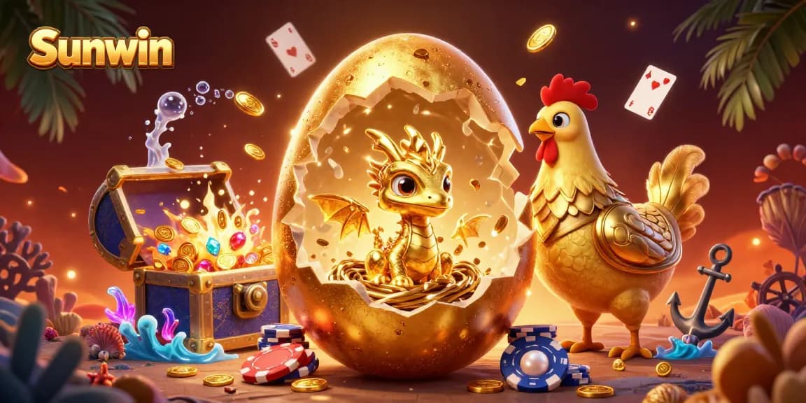Engage in thrilling gameplay at Sunwin with a golden dragon guarding treasure, poker chips, and dynamic gambling elements.