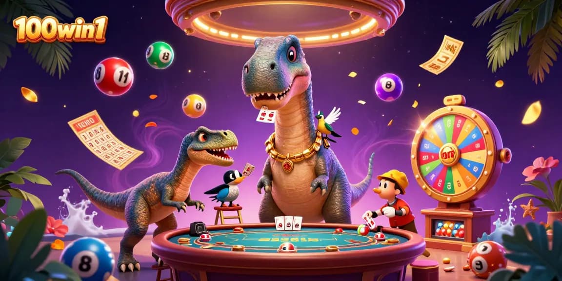 Experience the excitement of 100win1 with a lively casino scene featuring a giant brontosaurus.