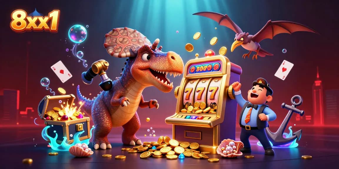 8xx1 showcases a cartoon t-rex winning coins from a golden slot machine in a vibrant casino environment.