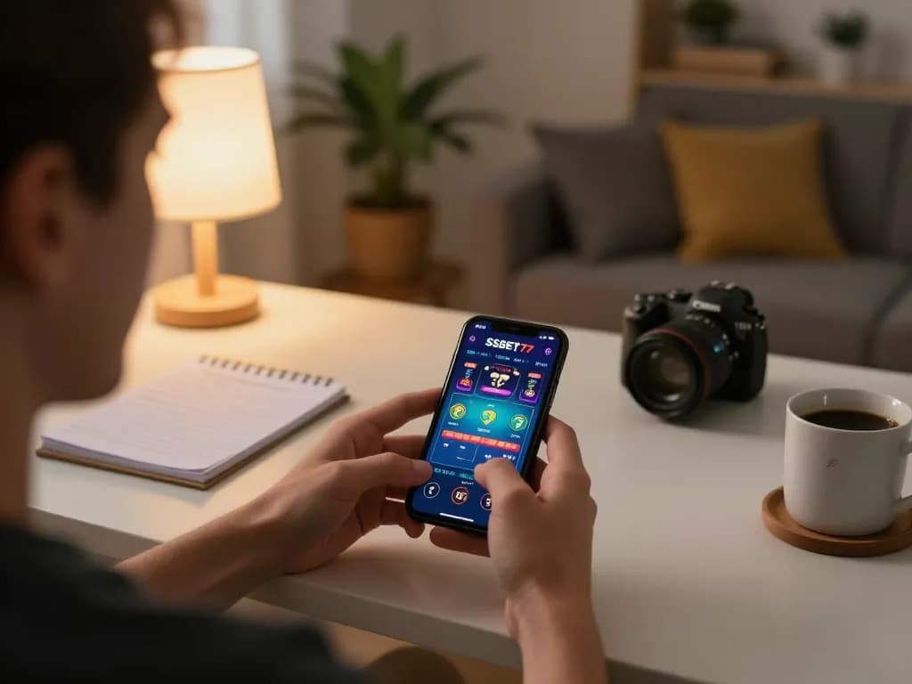 Engaging in online gaming with SSBET77 app on smartphone, showcasing a live dealer game experience.