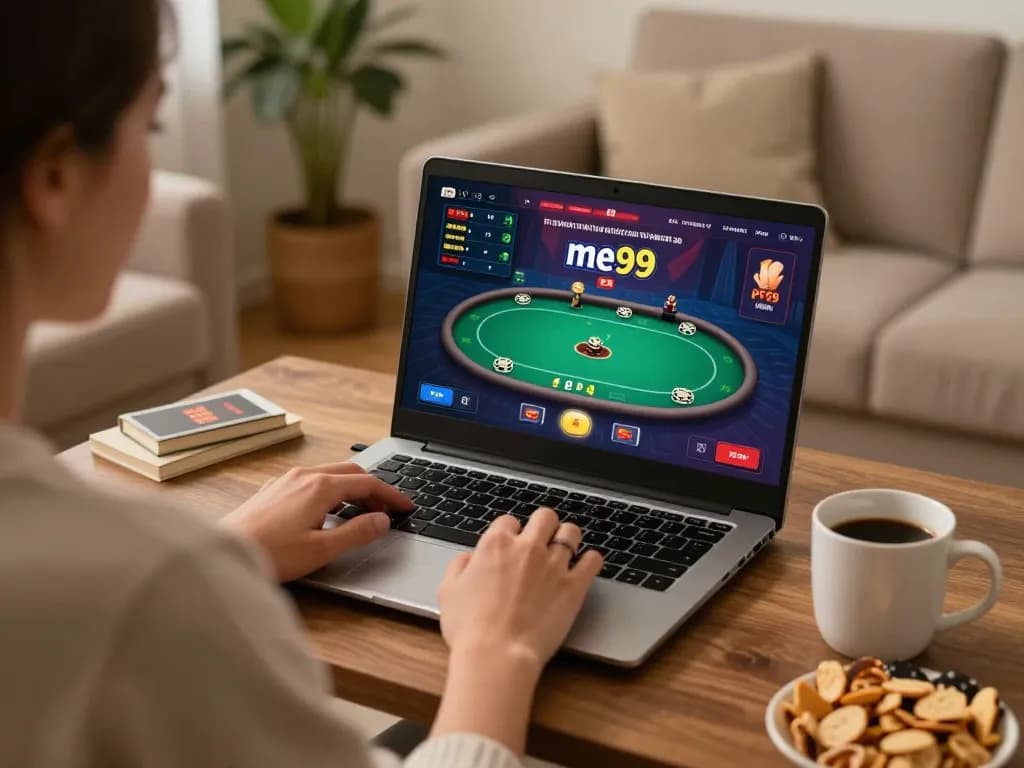 Engaging online poker game on a laptop showcasing me99 casino features in a cozy home environment
