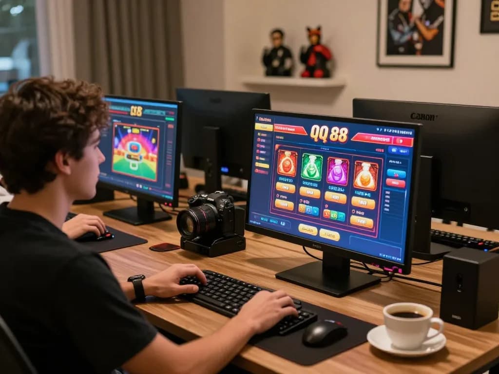 Engaging online session at qq 88 showcasing gaming strategy with multiple screens and cozy atmosphere