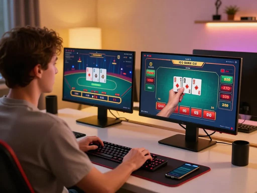 Engaging online casino gameplay at https://mm88.today/ with a player using multiple screens and a smartphone.
