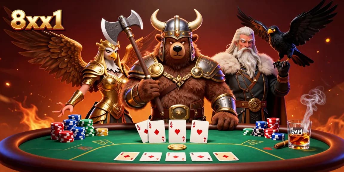 Engage in thrilling poker action with 8xx1, featuring a Viking bear, Valkyrie eagle, and dynamic casino elements.