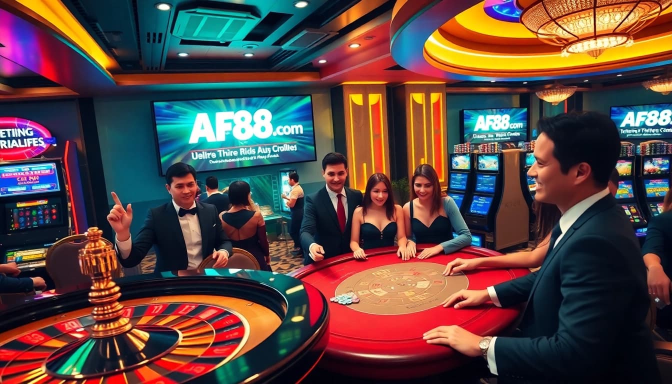 Action-packed gaming scene at AF88.com with players enjoying roulette and poker.
