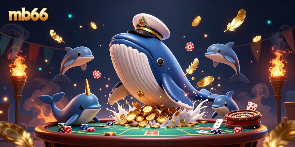 Experience thrilling gaming at mb66 with a whale mascot, poker and roulette elements in a dynamic casino scene.