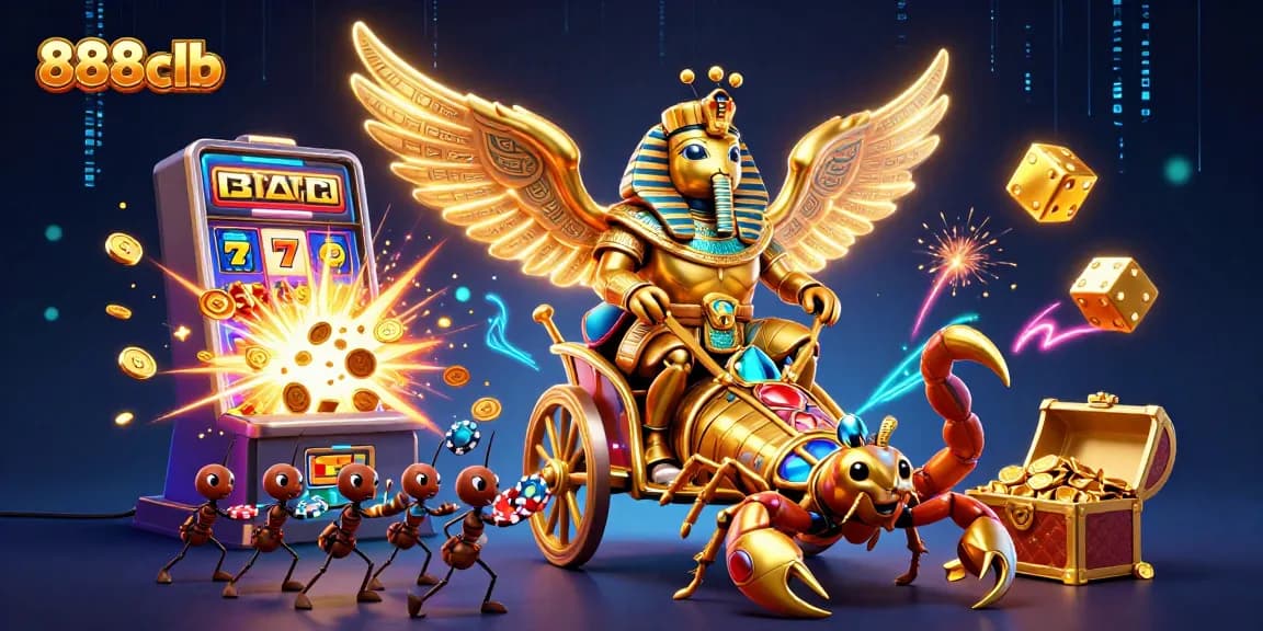 Experience the exciting world of 888clb with a vibrant casino scene featuring iconic symbols like lucky 7s and slot machines.