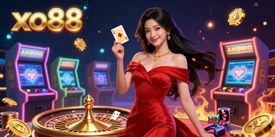 Experience thrilling gameplay with xo88 as a beautiful Asian woman elegantly showcases her winning card near a golden roulette wheel.