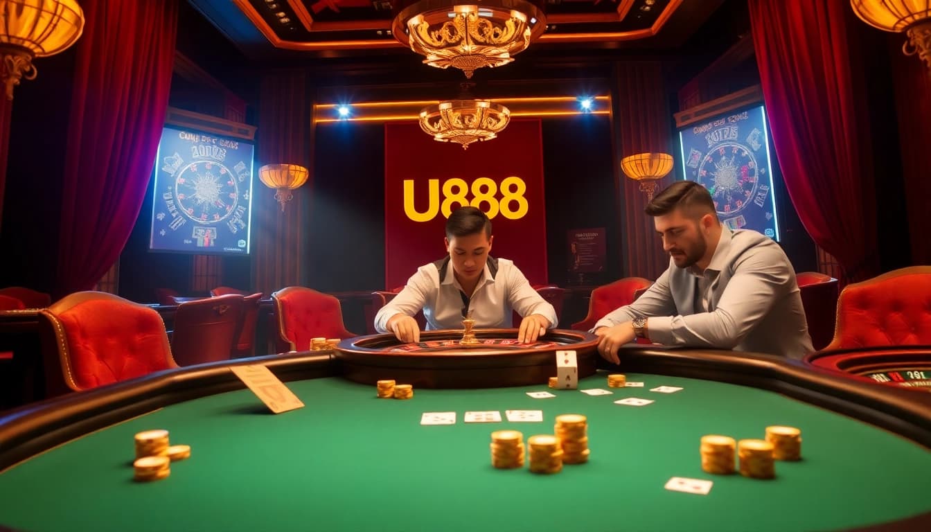 Players at a U888 poker table in a luxurious casino atmosphere, highlighting high-stakes excitement.