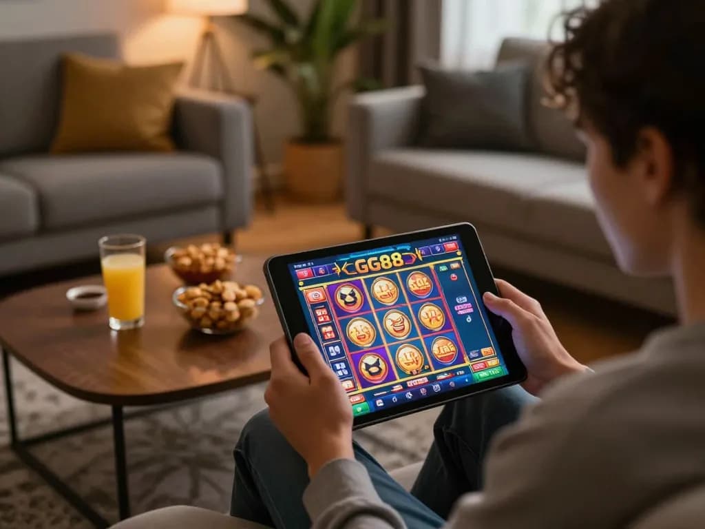 Engaging with the GG88 casino app in a cozy home setting while enjoying snacks