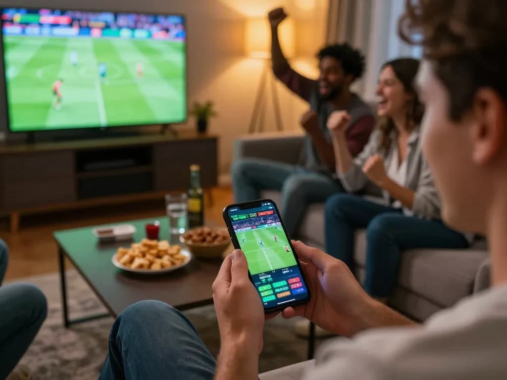 9bet user actively placing live sports bets on smartphone in a lively home environment