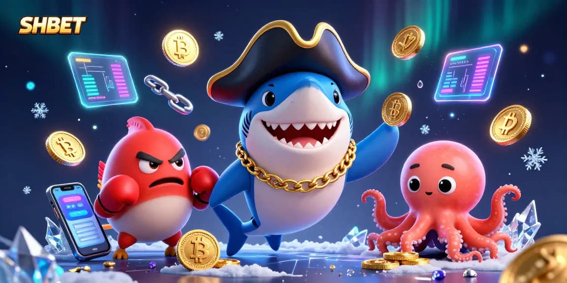 SHBET showcases a vivid 3D scene with casino-themed characters and crypto elements for an engaging visual.