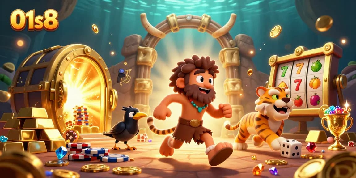 Experience the thrilling world of 01s8 with cartoon cavemen and slot machines in a prehistoric casino setting.