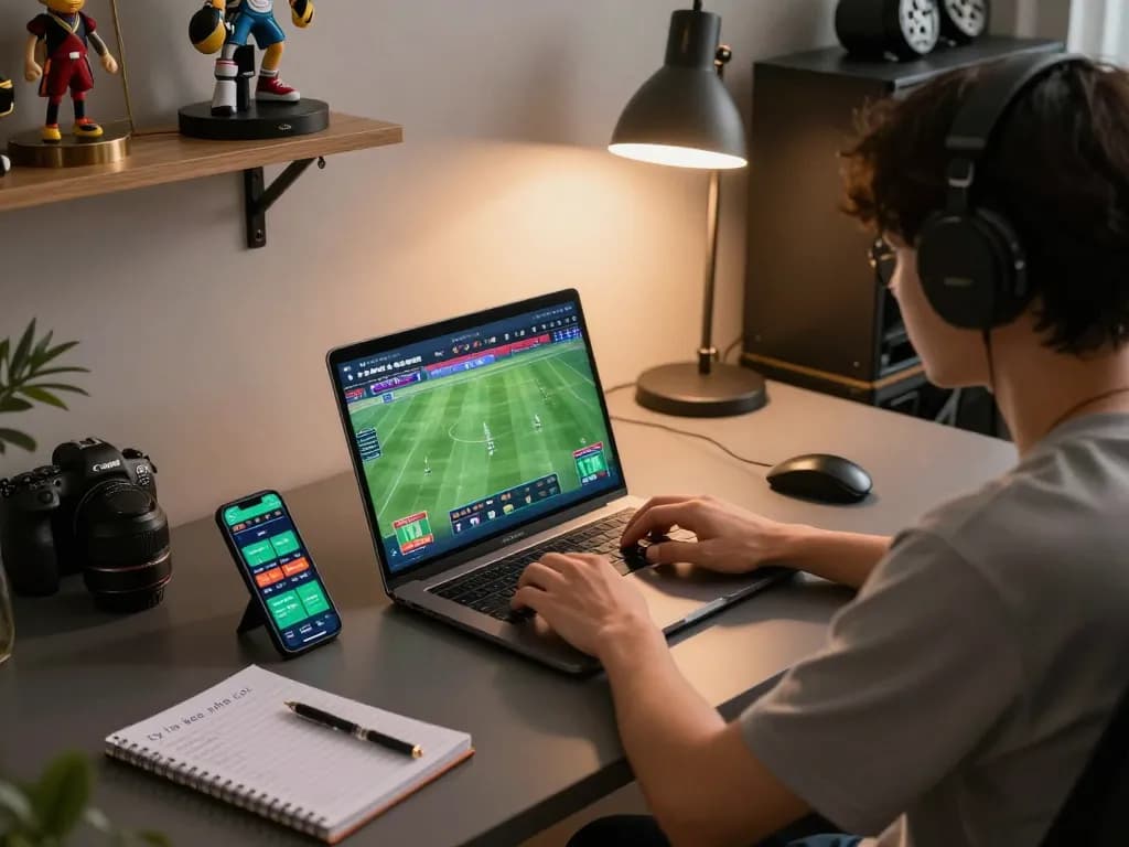 Engaging in online betting with ty le keo nha cai displayed on a laptop screen, showcasing a focused gambling atmosphere.