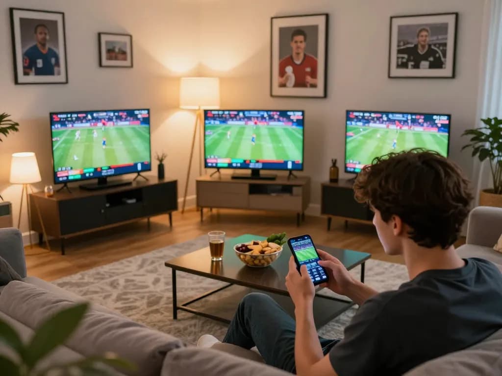 CK444 sports betting scene with user placing bets on smartphone in cozy home setting