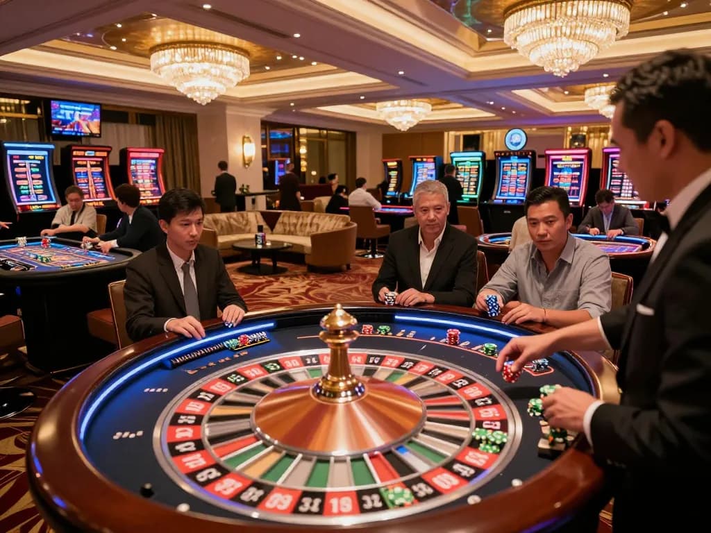 Fly88 players engaged at a roulette table in an upscale casino atmosphere with vibrant ambiance.