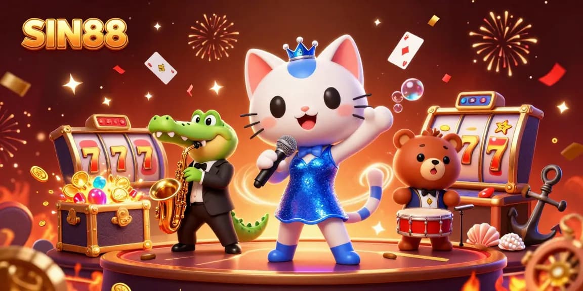 SIN88 captures the excitement of slots with animated characters and vibrant casino elements in a lively scene.