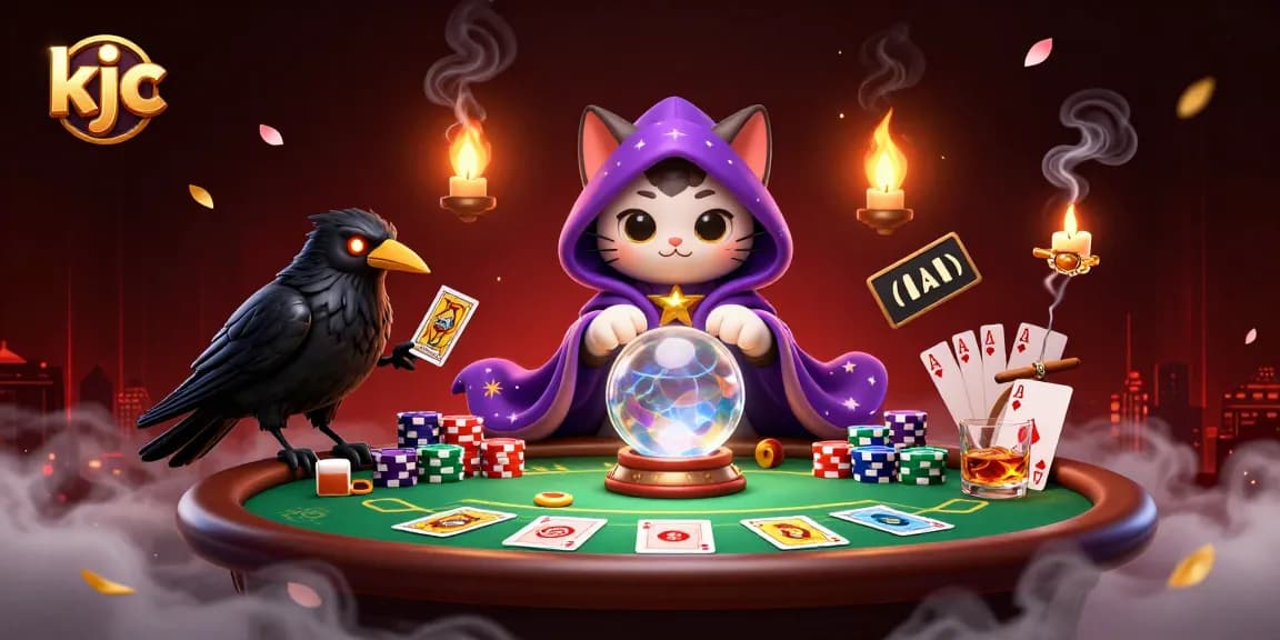 KJC players enjoying poker with a mystical cat fortune teller, tarot raven, and candle flames in a lively casino scene.