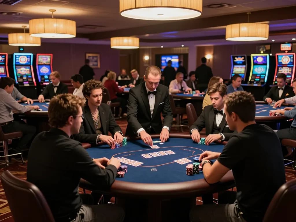 Nohu26 players engaging in a strategic poker game at an upscale casino table with professional dealers commanding the action.