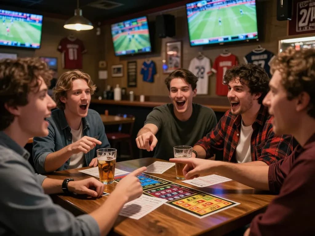 Engaged sports bettors reviewing cm88 odds in an energetic sports bar setting.