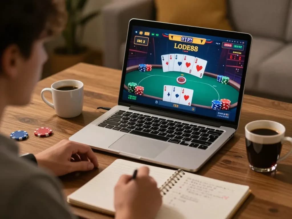Engaged player participating in an online poker game at LODE88, with strategic notes and cozy atmosphere.