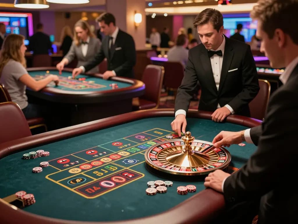 Players engaging in thrilling roulette gameplay at xx88's lively casino floor.