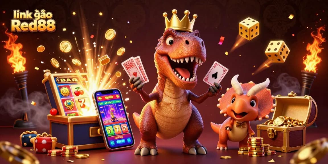 Play exciting games at link vào Red88, featuring T-Rex shuffling cards and a treasure-filled scene.