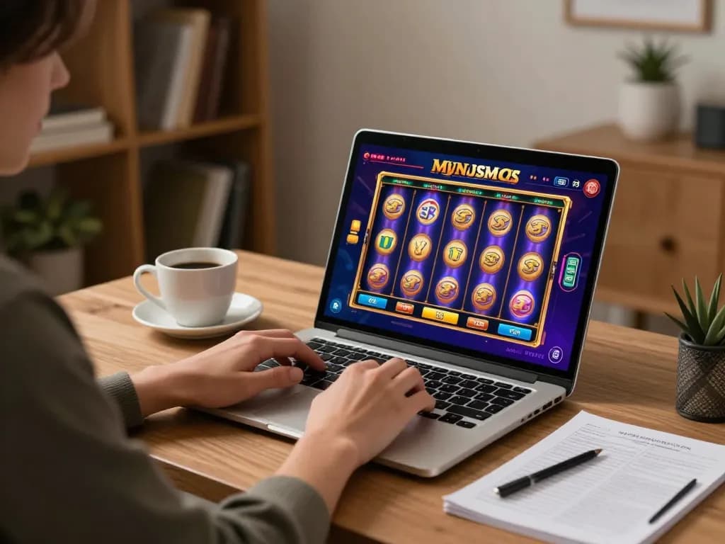 Engaging in online slots experience at mk8th with vibrant gaming interface and cozy home setup