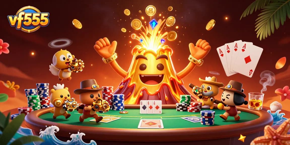 Engage with vf555’s thrilling casino adventure featuring a triumphant volcano amidst poker action.