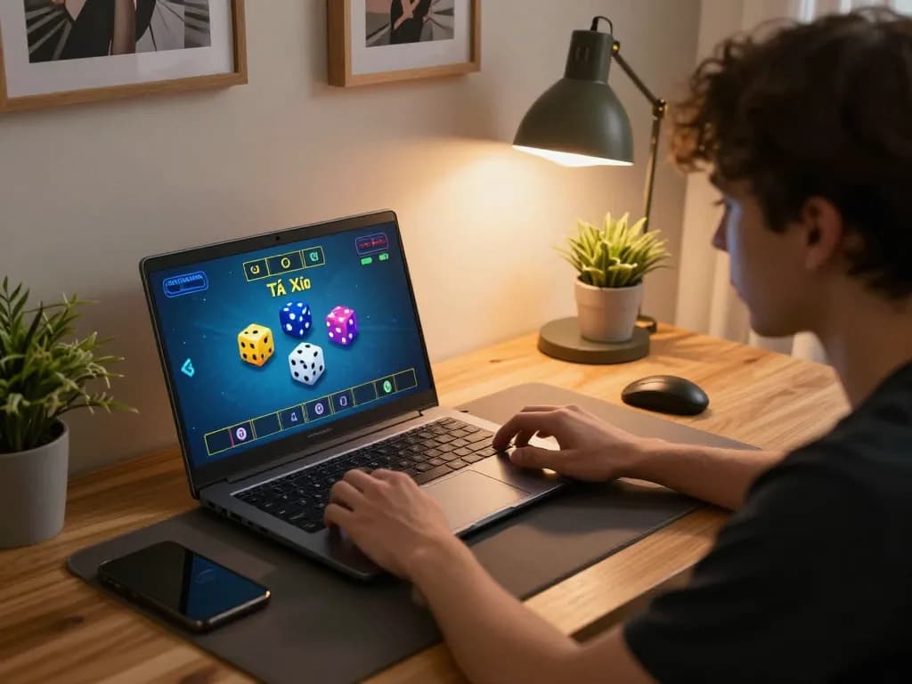 Tài Xỉu gameplay in a comfortable online setting featuring warm lighting and personal decor.