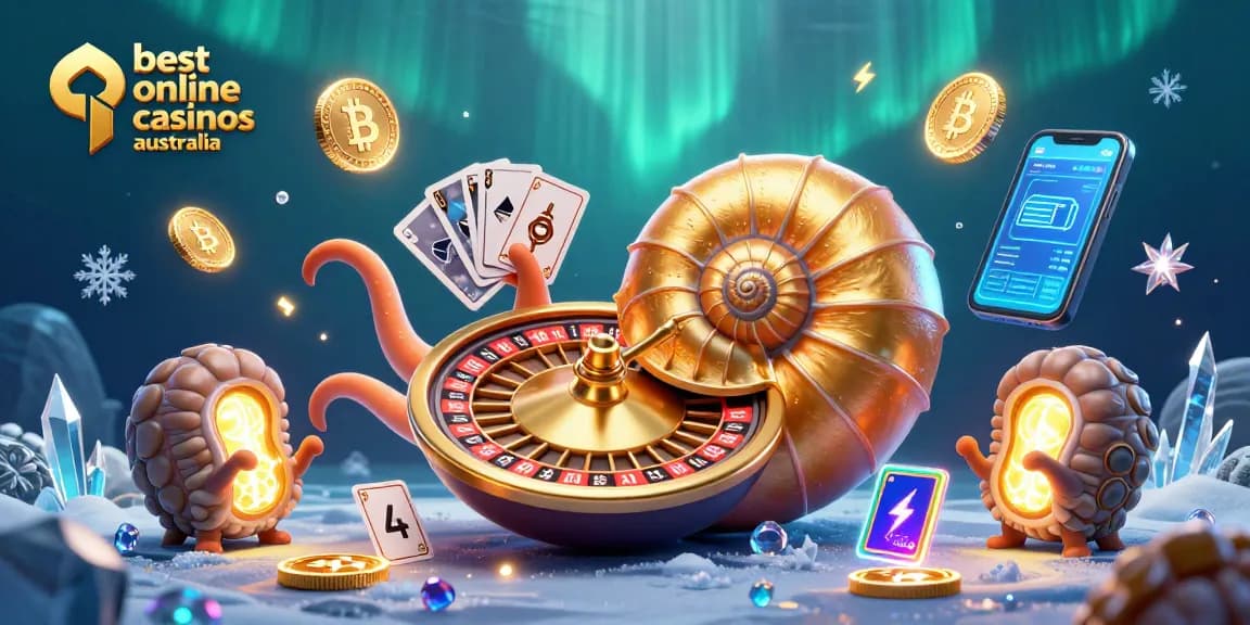 Experience the thrill at the best online casinos Australia with a vibrant 3D casino scene, featuring a majestic nautilus roulette wheel.