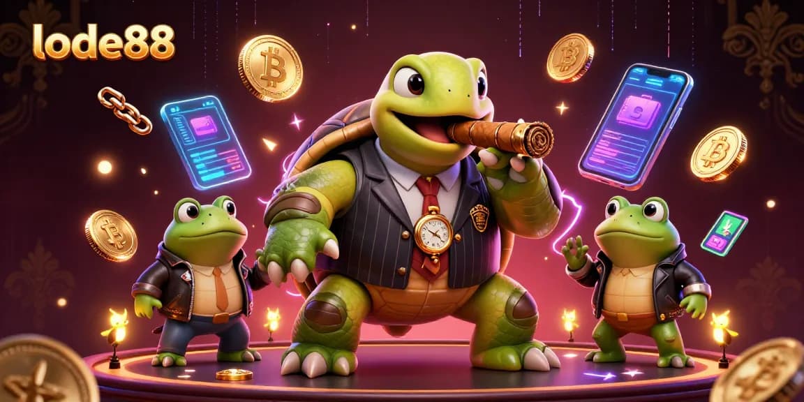 Lode88 showcases a vibrant casino scene with a mobster turtle and bullfrog enforcers amidst neon crypto elements.