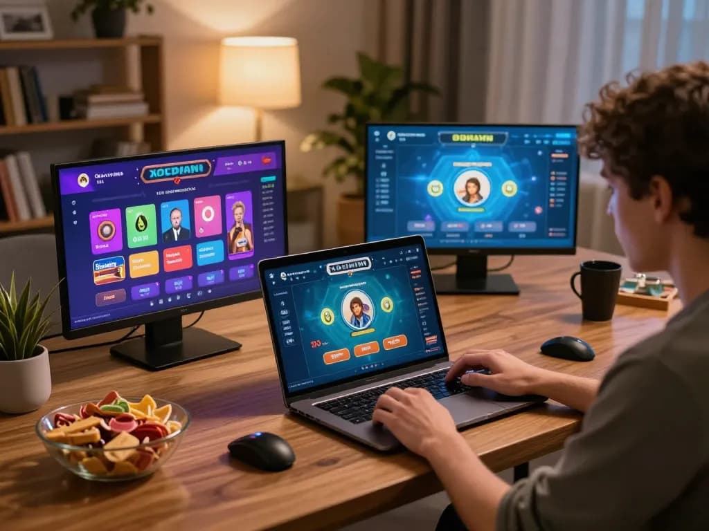 Player experiencing xocdiavn on laptop in a cozy home setup, emphasizing strategic online gambling.