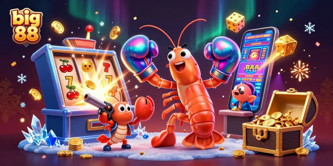Experience the excitement of big 88 with cartoon characters celebrating a casino jackpot amidst vibrant casino elements and fireworks.