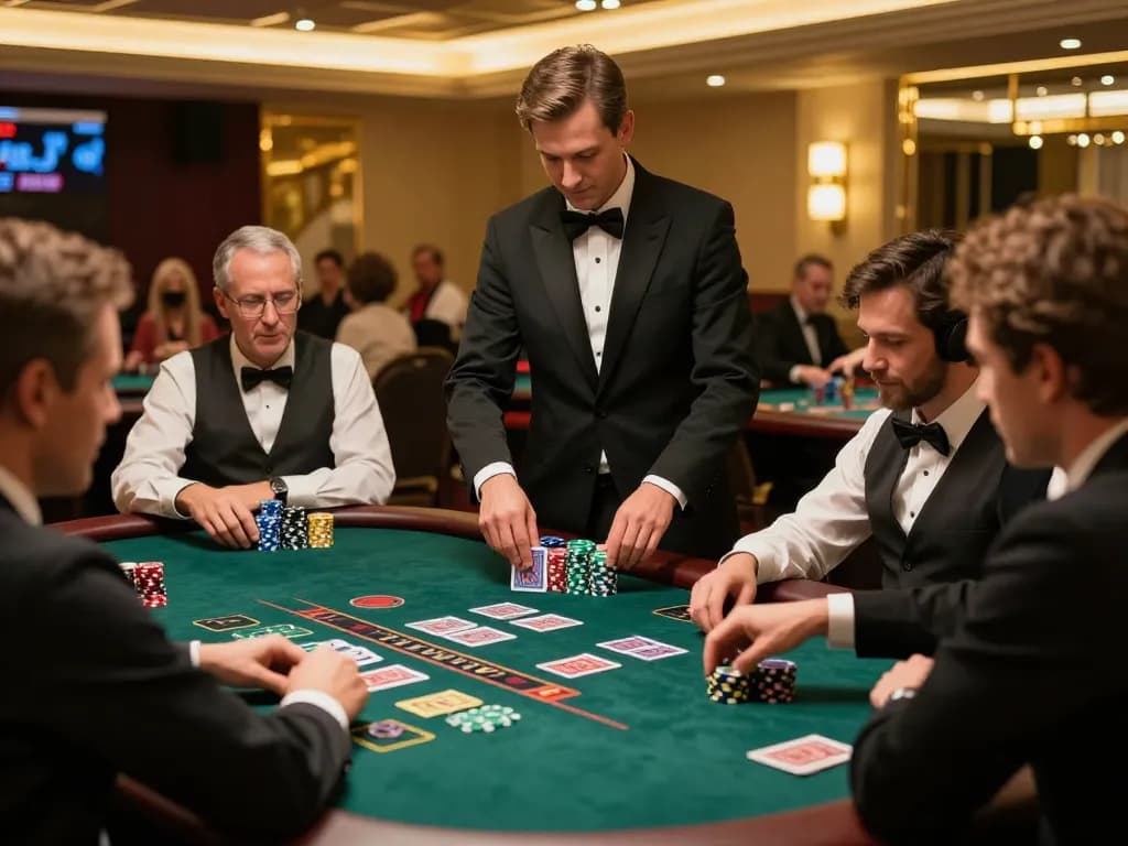 DABET blackjack gameplay scene showcasing players and dealers in an elegant casino environment.