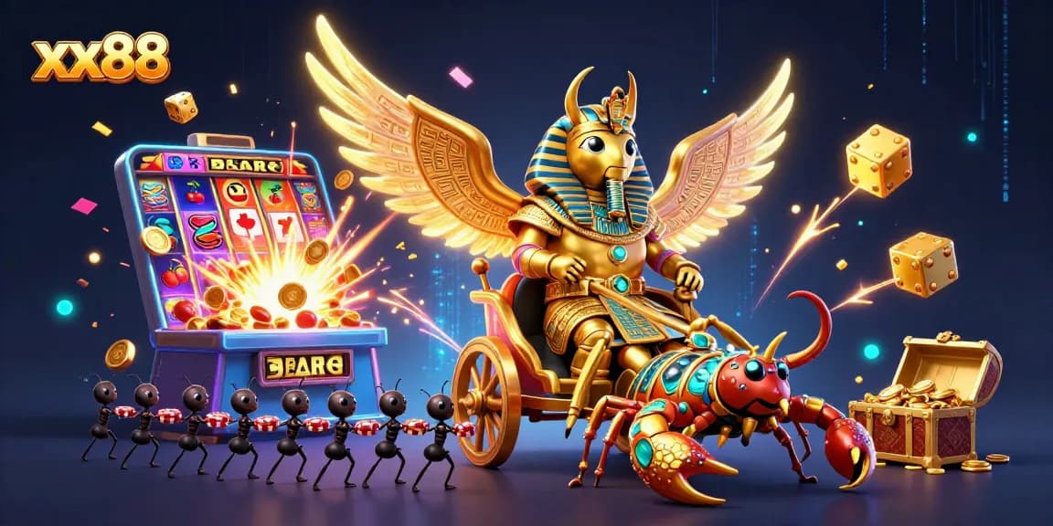 Win big with xx88 at the extravagant casino featuring a golden beetle chariot and slot machines.