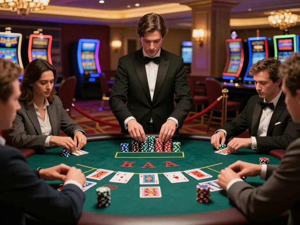 VT88 players strategizing at a high-stakes blackjack table in a luxurious casino setting.