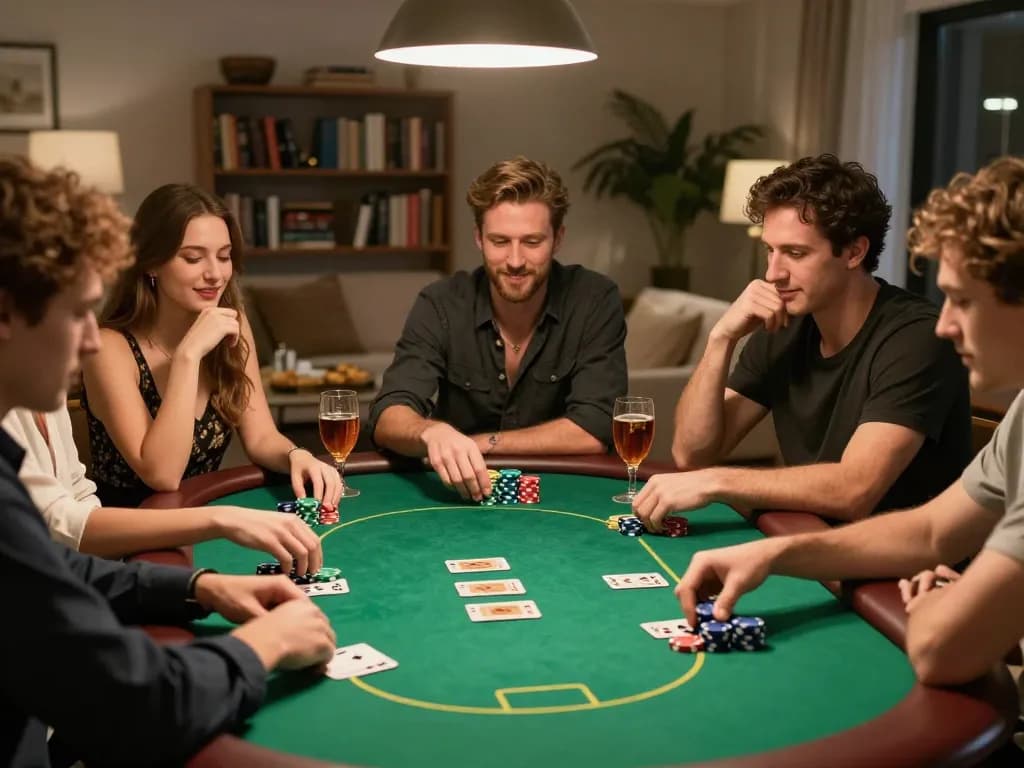 A lively poker night setting showcasing friends playing Texas Hold'em with O8, vibrant chips, and inviting atmosphere.